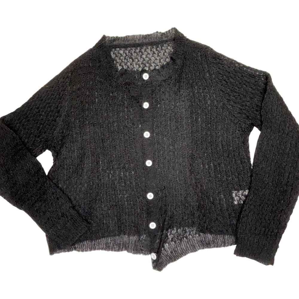 Fuzzy Sheer Cardigan Womens L Black Cropped Mohair Look‎ Soft Lightweight